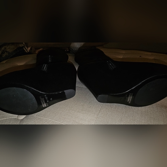 New Monica Chiang Thigh High Black Leather Gold Studs Covered Wedge Boots 40 - Picture 11 of 16